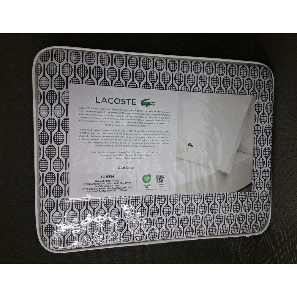 NIP Lacoste Queen 4-Piece 100% Cotton Percale Racquet Sheet Set Navy Blue